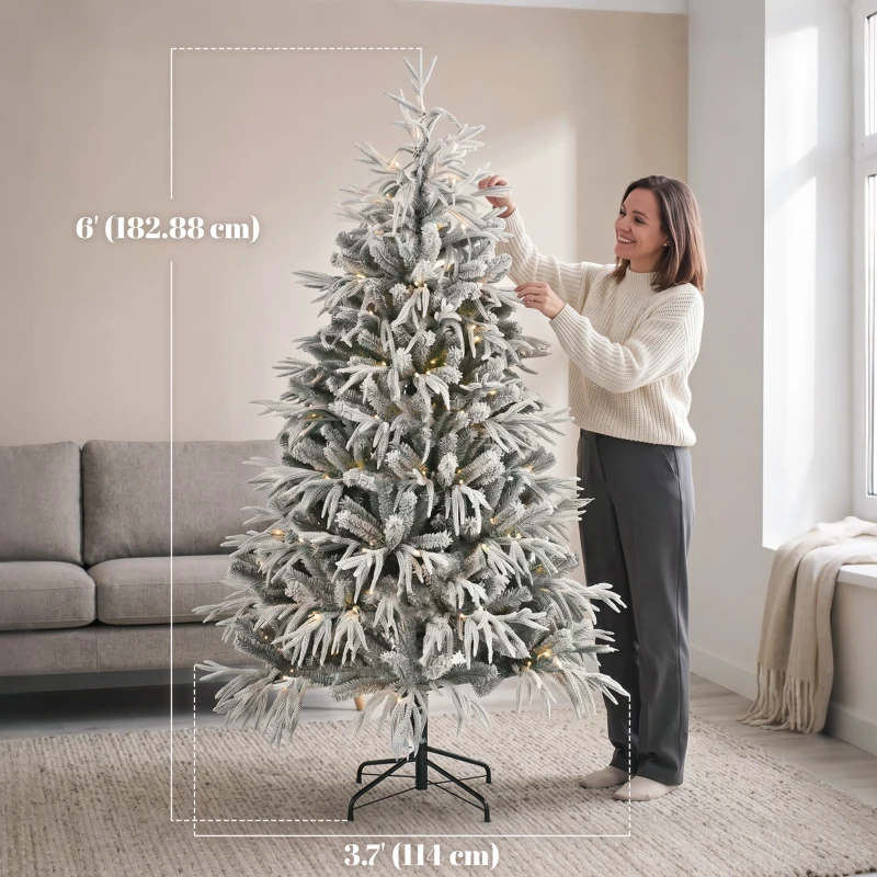 HOMCOM 6ft Prelit Flocked Christmas Tree, Artificial Norfolk Pine Downswept Hinged Xmas Tree with 250 LEDs, Green and White