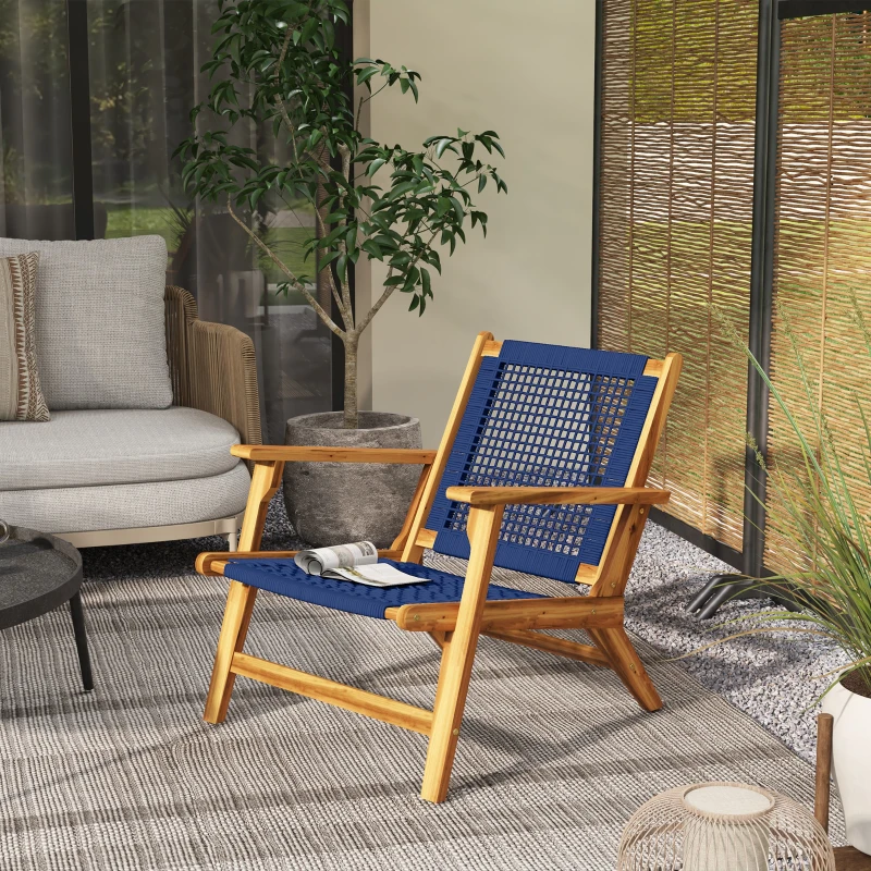 Outsunny Wood Adirondack Chair, Modern Fire Pit Chair, PP Rope Coconino Lounge Style Chair with High Support Backrest, Blue
