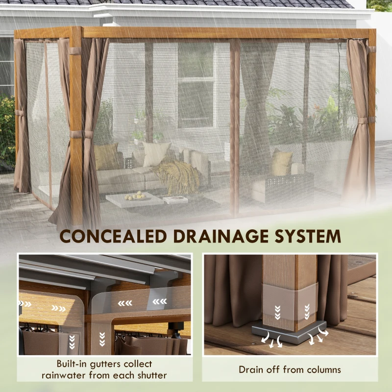 Outsunny 10' x 13' Outdoor Retractable Pergola w/ Sun Shade Aluminum Louvered Top, Pergola w/ Canopy, Curtains, Netting, Natural