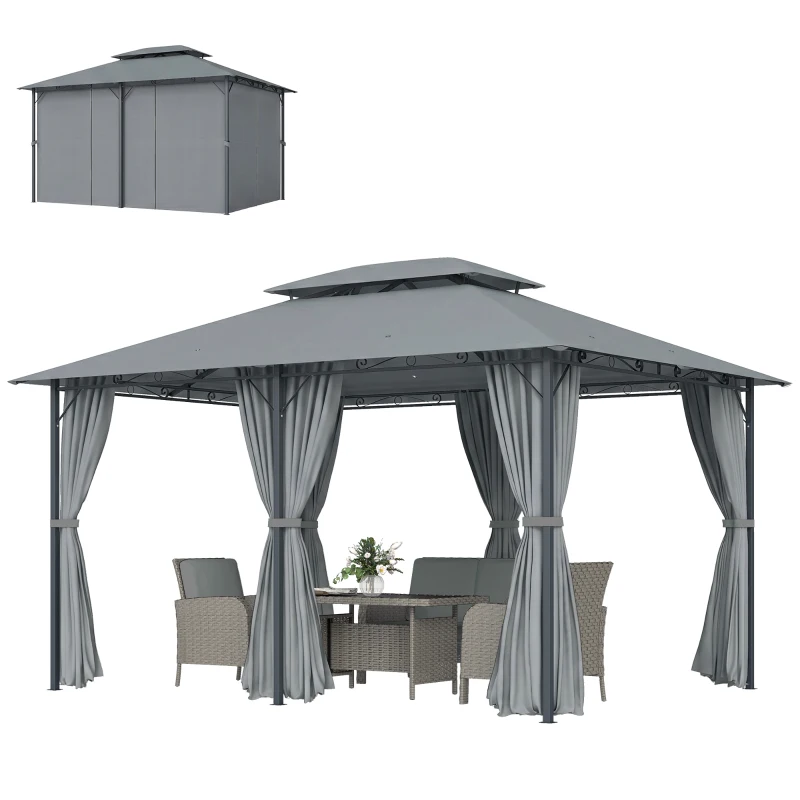 Outsunny 10' x 13' Outdoor Soft Top Gazebo Pergola with Curtains, 2-Tier Steel Frame Gazebo for Patio, Sage Gray