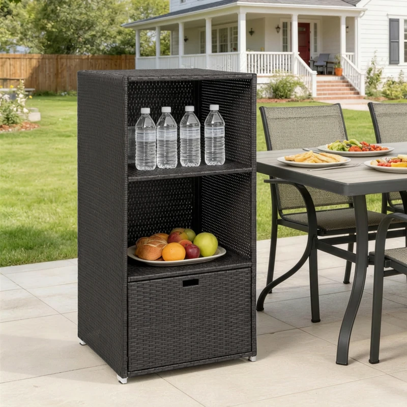 Outsunny Valet Pool Towel Rack, Water-Resistant PE Plastic Rattan Wicker Storage Organizer, 2 Shelves, 1 Basket Drawer