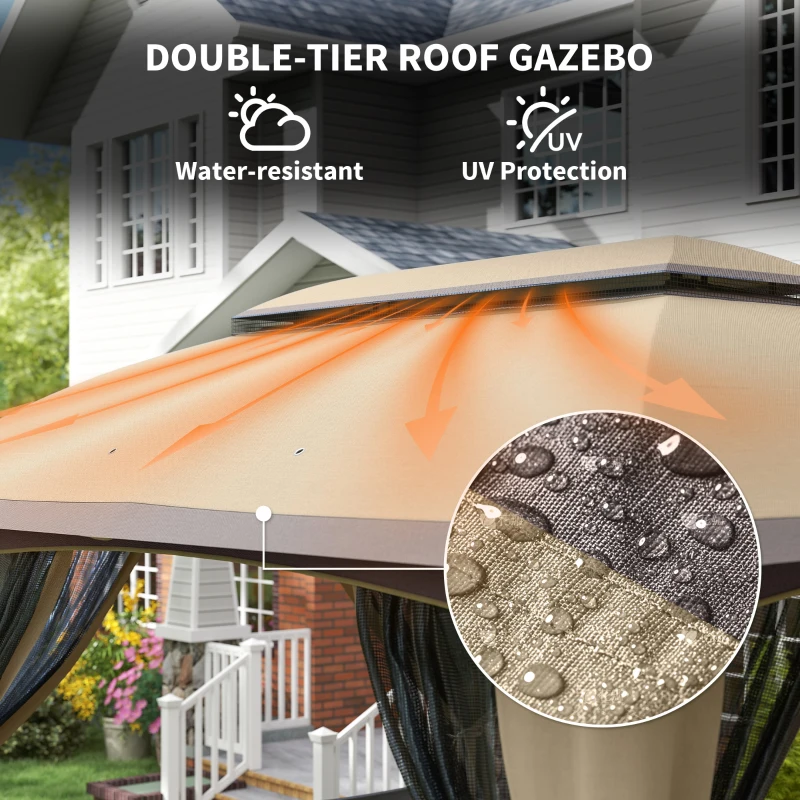 Outsunny 10' x 13' Patio Gazebo, Outdoor Gazebo Canopy Shelter with Netting, Vented Roof for Garden, Beige