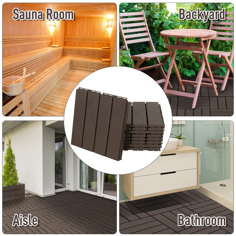 Outsunny 9 Pcs PP Interlocking Composite Deck Tile, 12" x 12" Outdoor Flooring Tiles for Indoor and Outdoor Use, Tools Free Assembly, Brown
