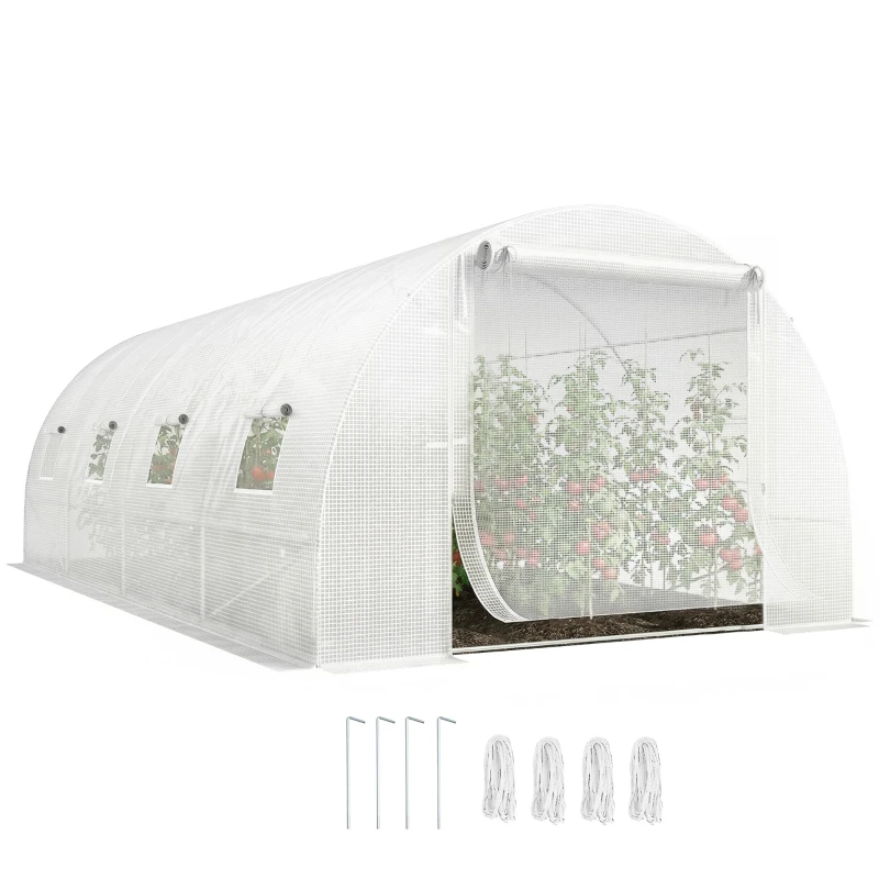 Outsunny Walk-in Tunnel Greenhouse with 2 Support Rods, Mesh Door, Plant Hot House with PE Cover, 20'x10'x7', White
