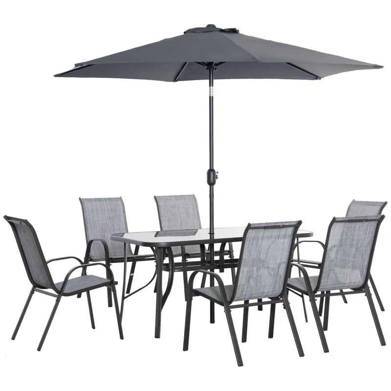 Outsunny 8 Pieces Patio Furniture Set with 9Ft Patio Umbrella, Outdoor Dining Table and Chairs, 6 Chairs, Gray