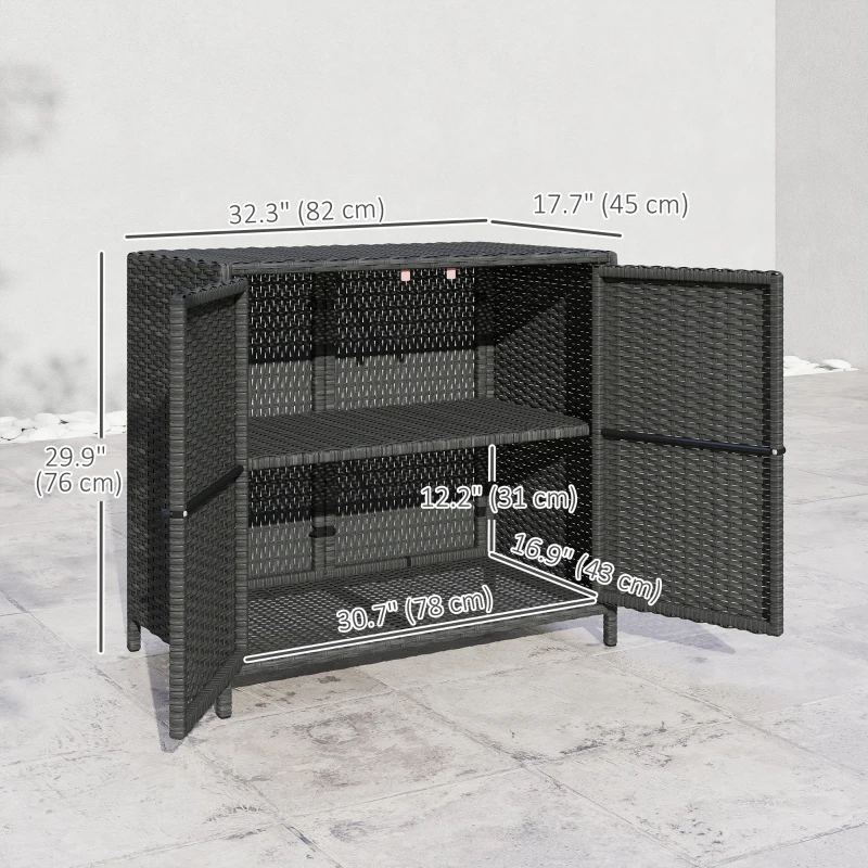 Outsunny Wicker Outdoor Storage Cabinet Double Magnetic Doors, PE Rattan Outdoor Towel Rack for Pool, Patio, Dark Grey