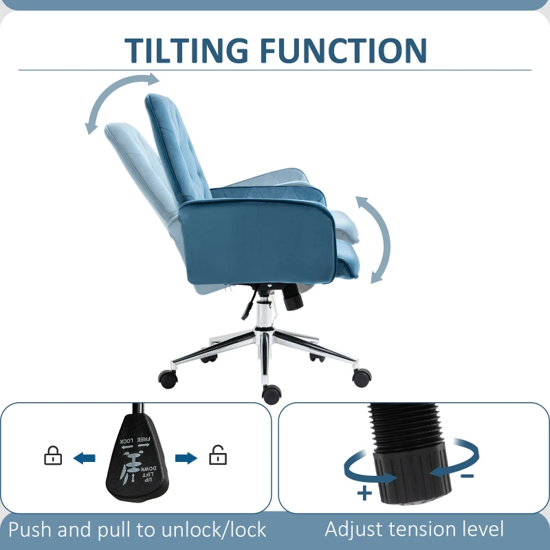 Vinsetto Velvet Home Office Chair, Tufted Height Adjustable Computer Desk Chair with Swivel Wheels and Padded Armrests, Blue