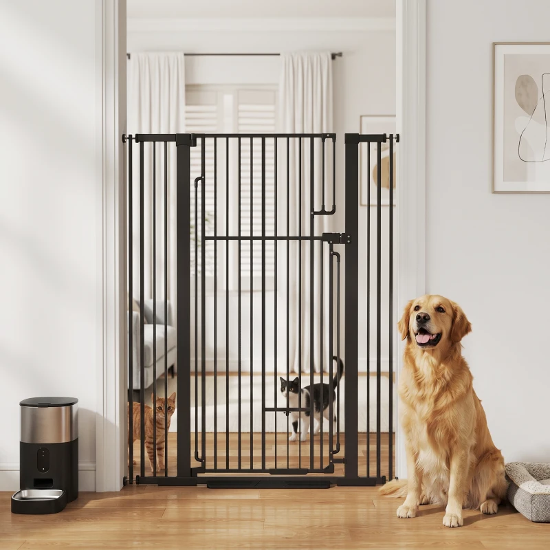 PawHut 53.1" Tall Dog Gate with Cat Door, 32"-42.5" Wide Adjustable Pressure Mounted for Doorways, Hallways, No Drilling, Black