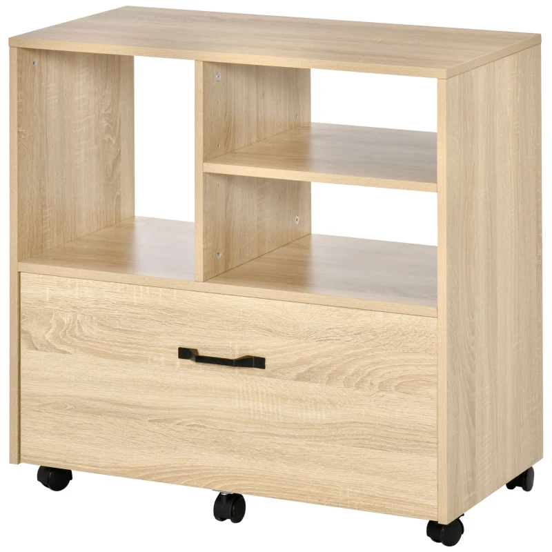 Vinsetto Lateral Filing Cabinet with Open Storage Shelf, Printer Stand, Mobile Office File Cabinet with Wheels for Letter and Legal Sized Files, Natural