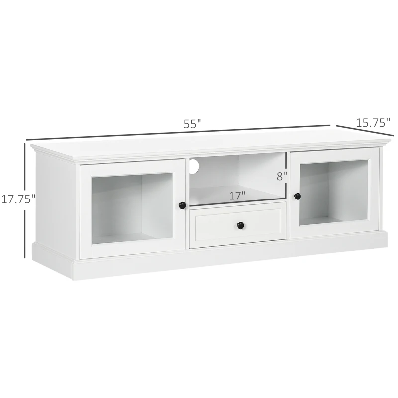 HOMCOM Modern TV Stand Cabinet for TVs up to 60 Inches, Entertainment Center with Drawer and Glass Doors for Living Room, White