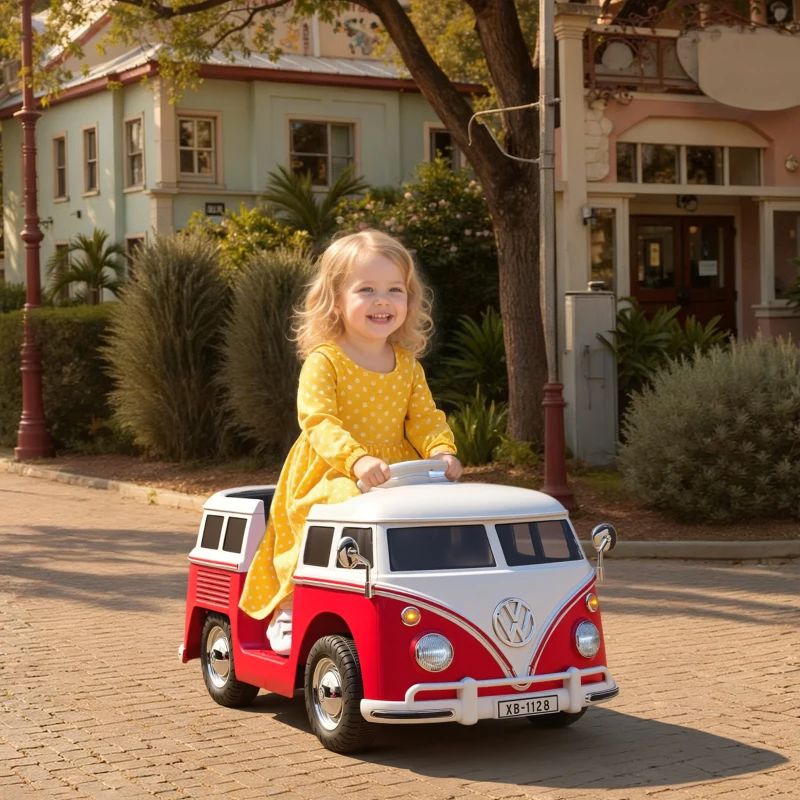 Qaba 12V Kids Ride on Car, Lisensed Volkswagen T1 Electric Vehicle with Dual Motor and Soft Start for 3-7 Years, Red