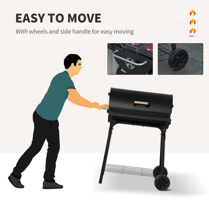 Outsunny 30" Charcoal Barbecue Grill with Wheels Outdoor Barbecue with Adjustable Charcoal Rack, Storage Shelf, Wheel, for Garden Camping Picnic