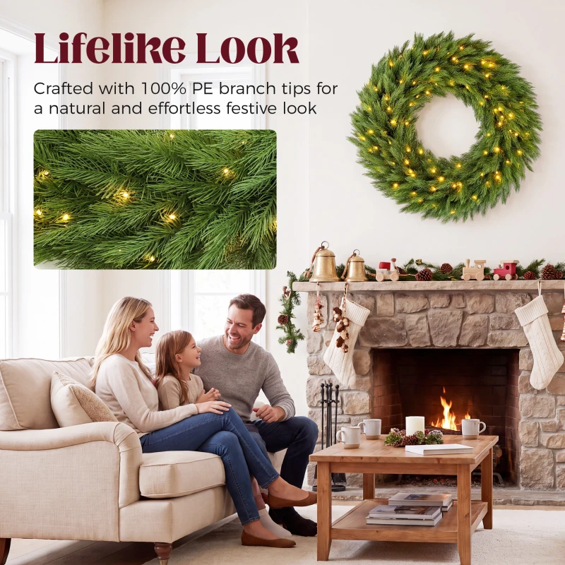 HOMCOM Christmas Decoration, 36 in Pre-Lit Norwegian Spruce Artificial Christmas Wreath with 100 LED Lights, Green