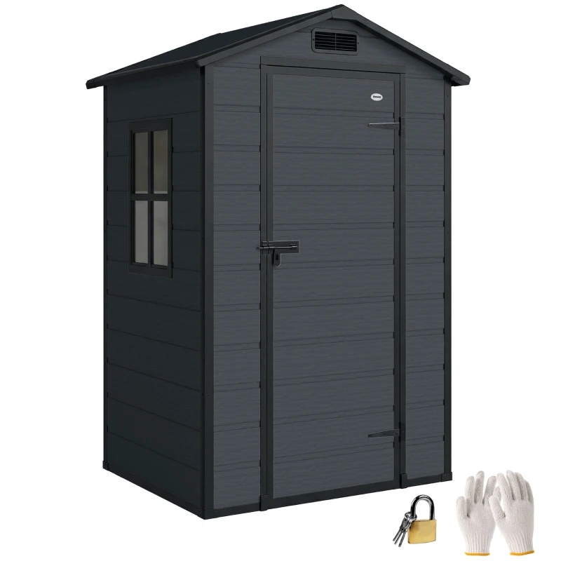 Outsunny 4' x 3' Plastic Garden Shed with Floor, Outdoor Small Shed with Lockable Door, Window and Vent, Dark Grey