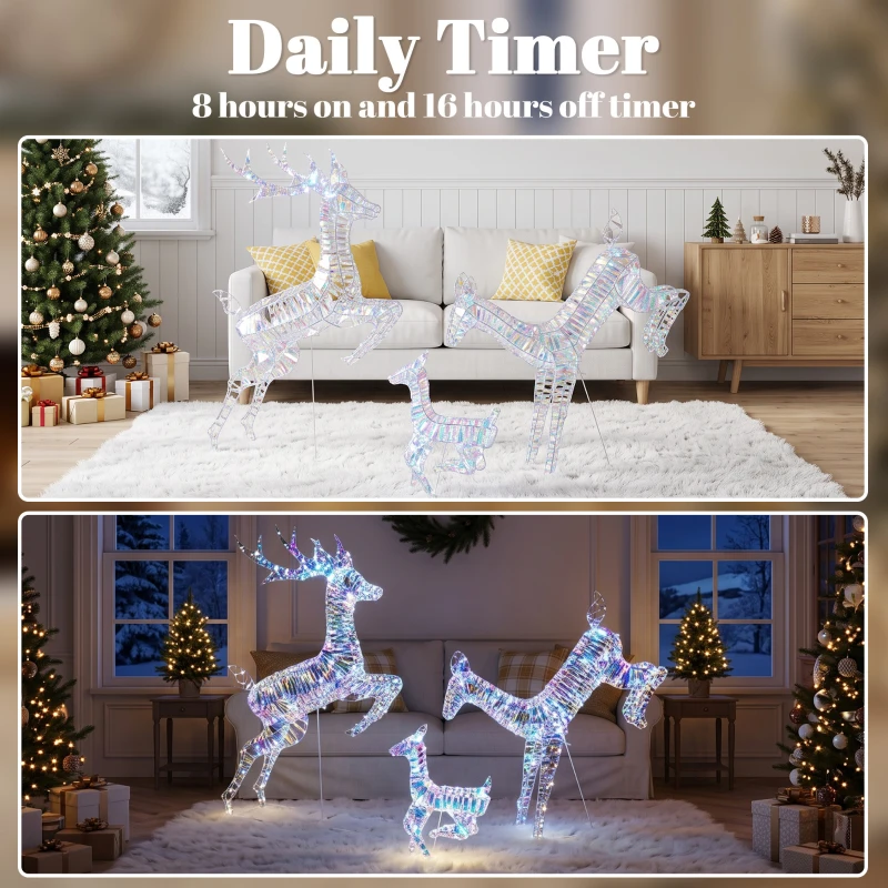 Outsunny 3-Piece Lighted Reindeer Family Set, Iridescent Outdoor Christmas Decoration, Deer Family with 8 Modes, Daily Timer