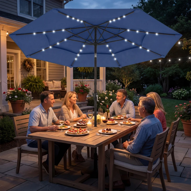 Outsunny 9.7 ft Outdoor Patio Umbrella with Solar LED Lights, 3 Tier Outdoor Table Umbrella with Tilt, Crank, Navy Blue