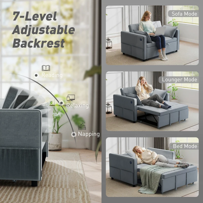 HOMCOM 3‑in‑1 Convertible Sofa Bed, Pull Out Sleeper Sofa with USB Charging, Adjustable Backrest, Side Pockets, Dark Grey