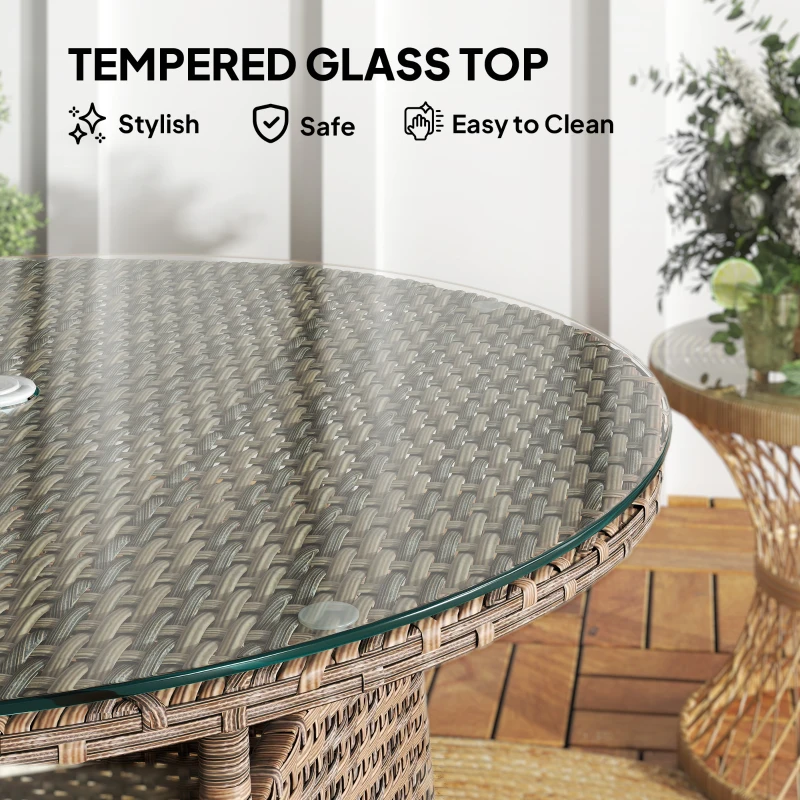 Outsunny 31.5" Outdoor Round Patio Table with Umbrella Hole, Bistro Coffee Table with Tempered Glass Top for Garden, Brown