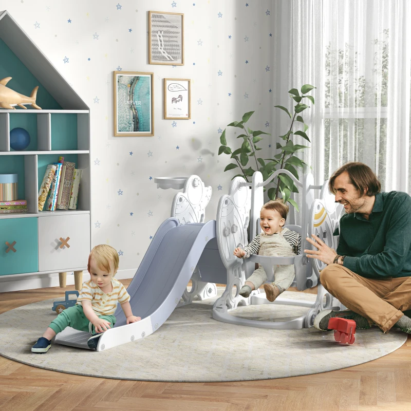 Qaba Toddler Swing and Slide Set with Basketball Hoop, Space Theme, Gray