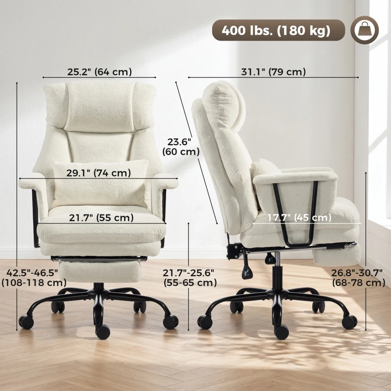 HOMCOM Office Chair, 400 lbs Heavy Duty Linen Computer Desk Chair with Lumbar Support, Wide Seat, Spring Cushion, Cream White