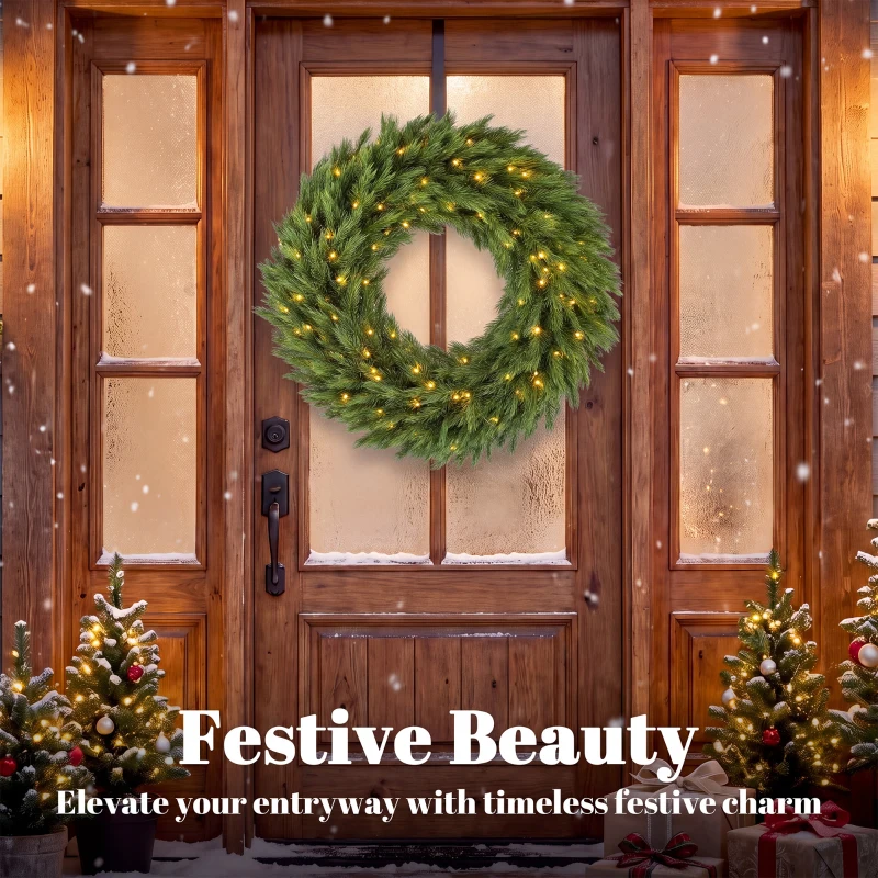 HOMCOM Christmas Decoration, 36 in Pre-Lit Norwegian Spruce Artificial Christmas Wreath with 100 LED Lights, Green