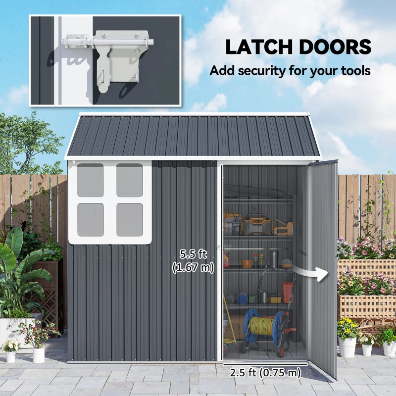 Outsunny 7' x 5.5' Metal Garden Storage Shed, Outdoor Tool Storage House with Lockable Door, Vents, Sloped Roof, Dark Grey