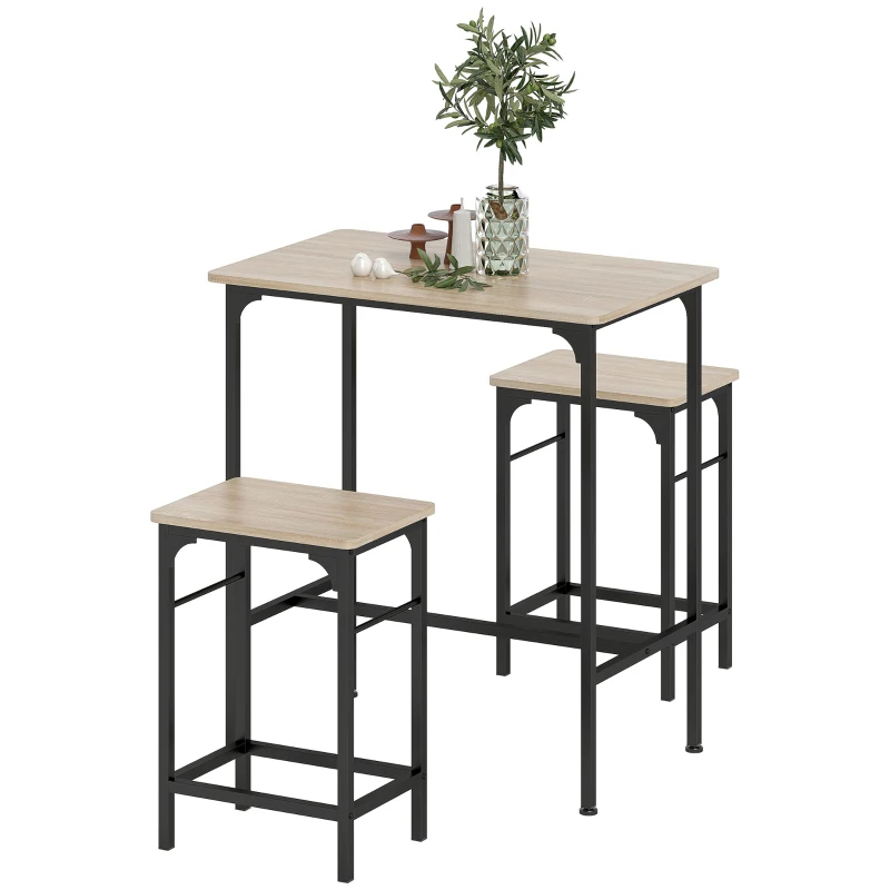 HOMCOM 3-Piece Dining Table Set for 2, Bar Table and 2 Stools for Kitchen, Living Room, Dining Room, Small Space, Natural Wood