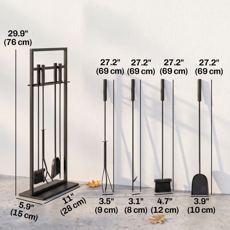 Outsunny Fireplace Tools Set 5 Pieces Metal Fire Place Kit with Brush, Shovel, Poker, A Pair of Tongs, Stand, Black