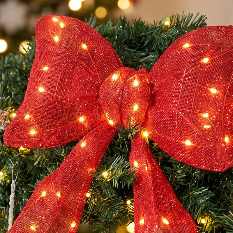 HOMCOM Artificial Xmas Wreath, 48 Inch Pre-Lit Christmas Wreath with 200 LED Lights, Lighted Bow and 31 Ornament Set, Green
