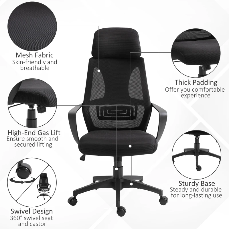 Vinsetto Mesh Office Chair with Up&Down Headrest, Ergonomic Computer Desk Chair with Adjustable Tilt Angle, Height Adjustable Swivel Seat with Lumbar Support for Office, Black