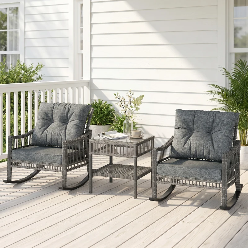 Outsunny 3 Piece Outdoor PE Rattan Rocker Chair Set, Rocking Chair with Tempered Glass Table Top, Gray