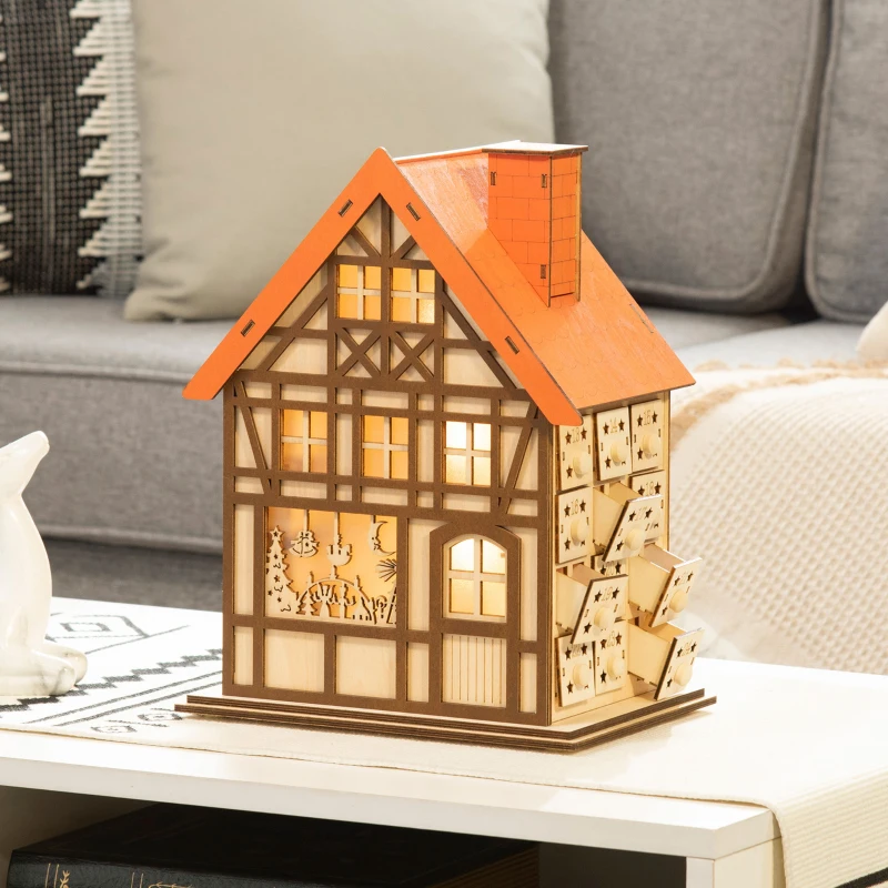 HOMCOM Wooden Christmas Advent Calendar House, Light Up Table Holiday Decoration with 24 Countdown Drawers and LED Lights, for Kids and Adults, Natural and Orange