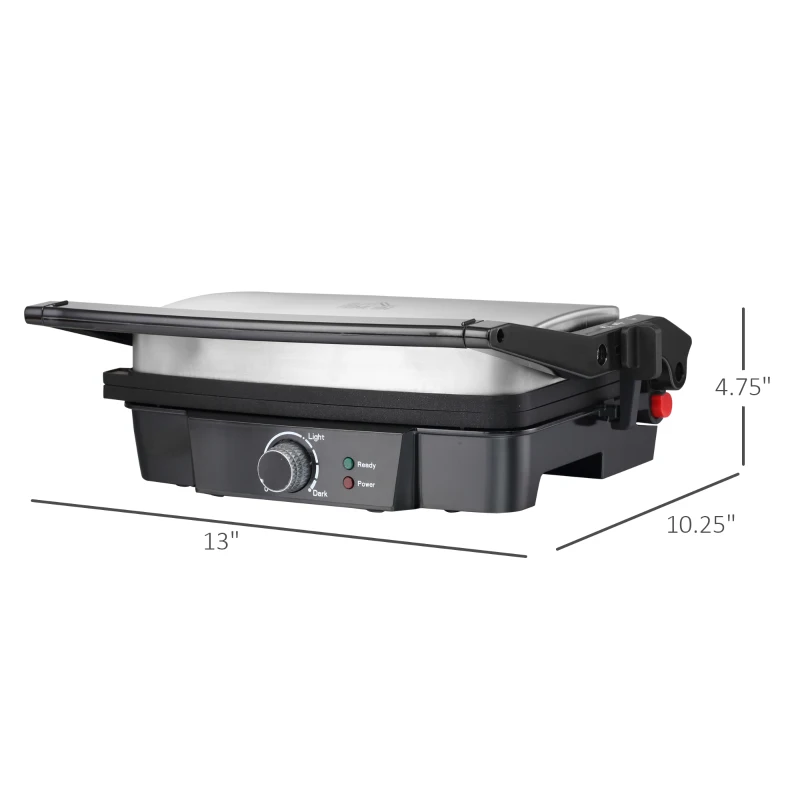 HOMCOM 4 Slice Panini Press Grill, Stainless Steel Sandwich Maker with Non-Stick Double Plates, Locking Lids and Drip Tray, Opens 180 Degrees to Fit Any Type or Size of Food 13"x10.25"x4.75"