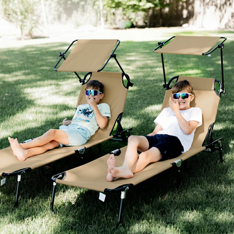 Outsunny Chaise Lounge Pool Lounge Chairs Set of 2, Outdoor Sun Tanning Chairs, Reclining Back, Steel Frame and Side Pocket, Tan