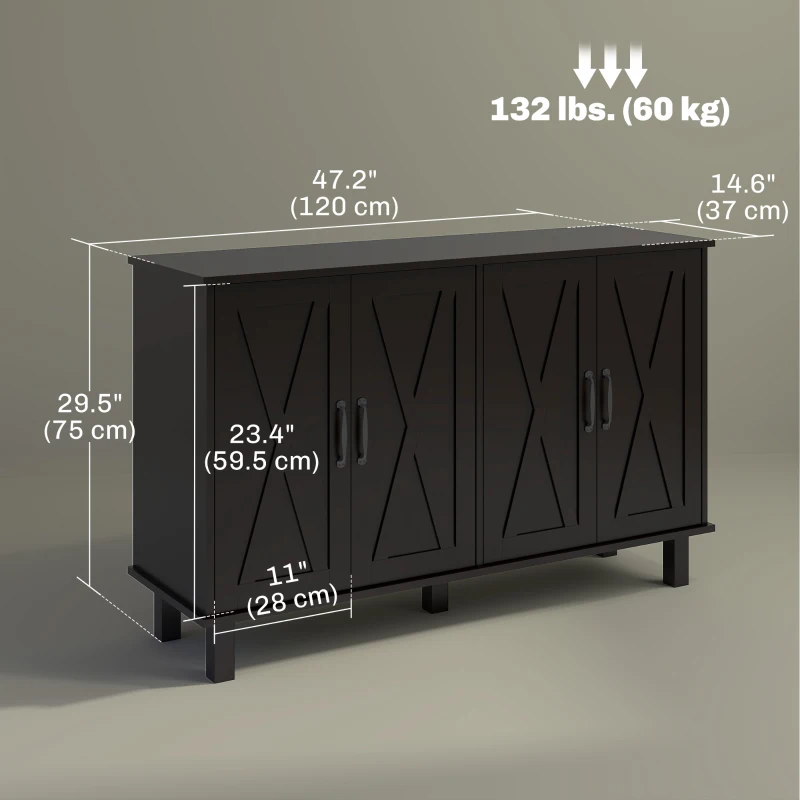 HOMCOM Kitchen Sideboard Cabinet with 4 Barn Doors and 2 Adjustable Shelves, Buffet Table for Living Room, Hallway, Black