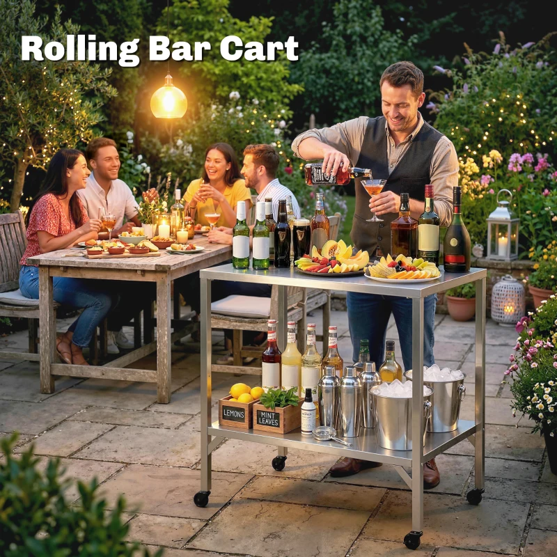 Outsunny Outdoor Grill Cart with Stainless Steel Tabletop, Pizza Oven Stand with Shelf, Lockable Wheels, Rolling BBQ Table