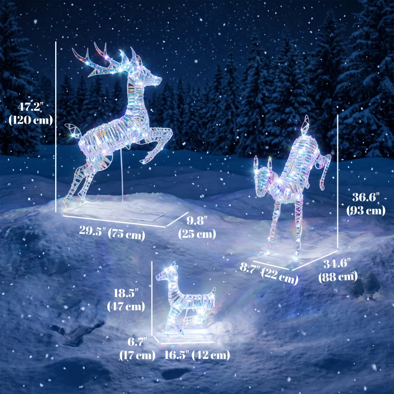 Outsunny 3-Piece Lighted Reindeer Family Set, Iridescent Outdoor Christmas Decoration, Deer Family with 8 Modes, Daily Timer