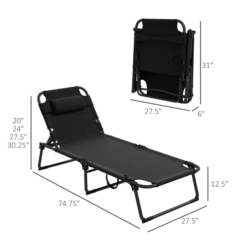 Outsunny Outdoor Folding Chaise Lounge Chair with 4-Position Adjustable Backrest, Magazine Pocket, Removable Head Pillow, Gray