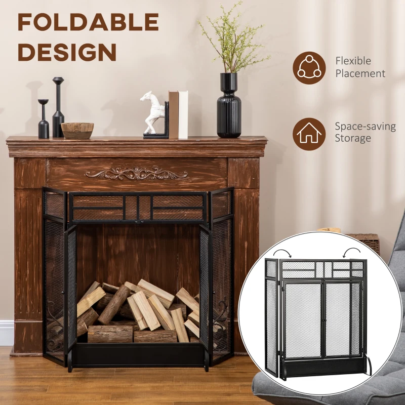 HOMCOM 3-Panel Steel Mesh Fireplace Screen, Decorative Fire Spark Guard Cover with Double Doors, 47x31in, Black