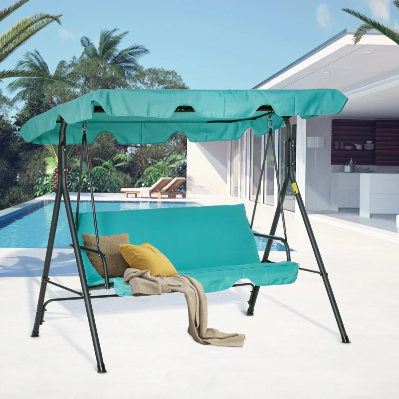 Outsunny 3-Seat Outdoor Patio Swing Chair with Removable Cushion, Steel Frame Stand and Adjustable Tilt Canopy for Patio, Garden, Poolside, Balcony, Backyard, Green