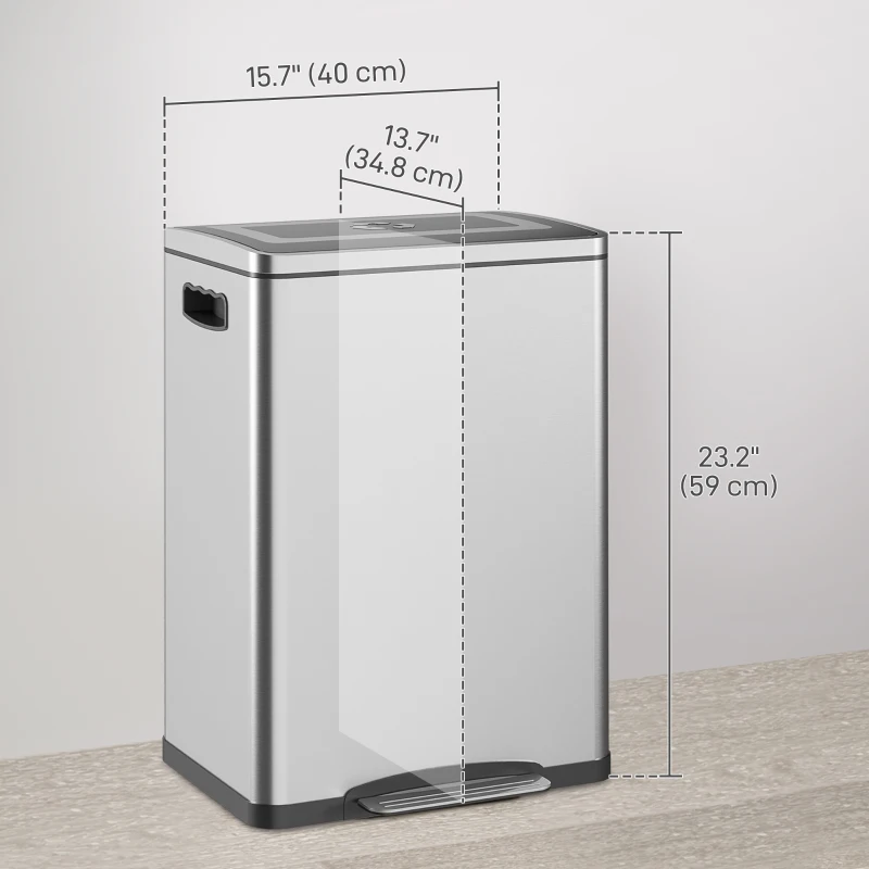 HOMCOM 2x5.3 gal (2x20 L) Garbage Bin, Stainless Steel Garbage Can with Soft-Close Lid and Removable Inner Buckets, Silver