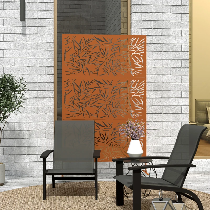 Outsunny Decorative Privacy Fence Screen, Metal Outdoor Privacy Screen Climbing Plant Trellis with Stand, Bamboo Brown
