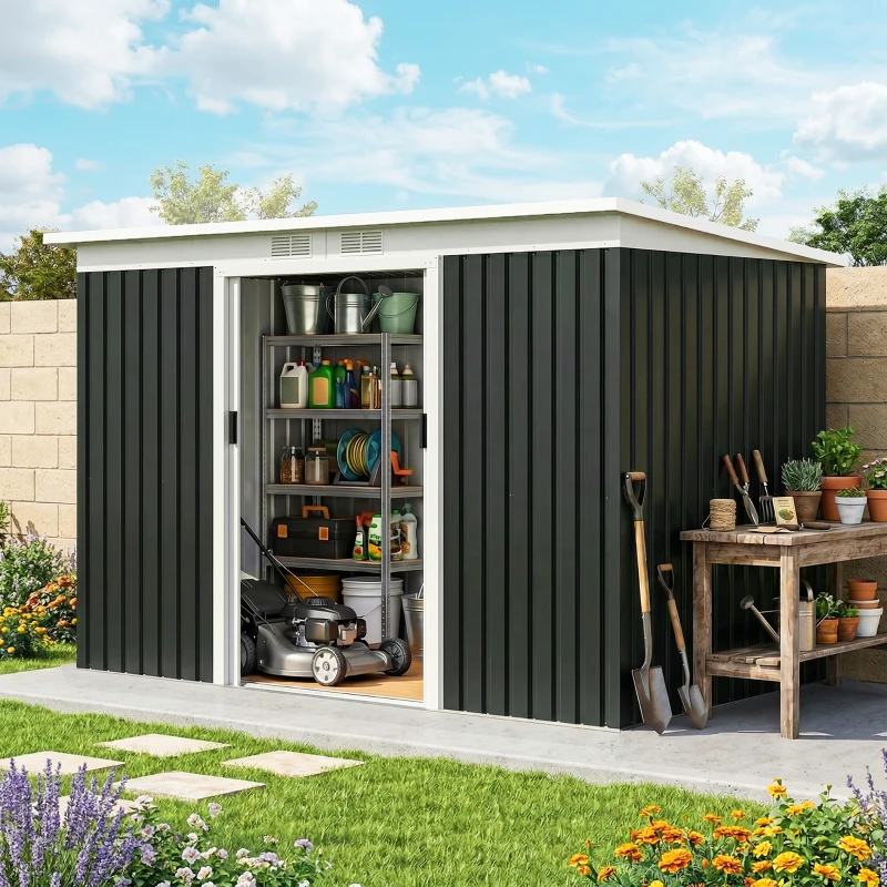 Outsunny 9' x 4' Metal Outdoor Storage Shed, Tool House with Double Lockable Doors for Backyard, Patio, Lawn, Garage, Dark Gray