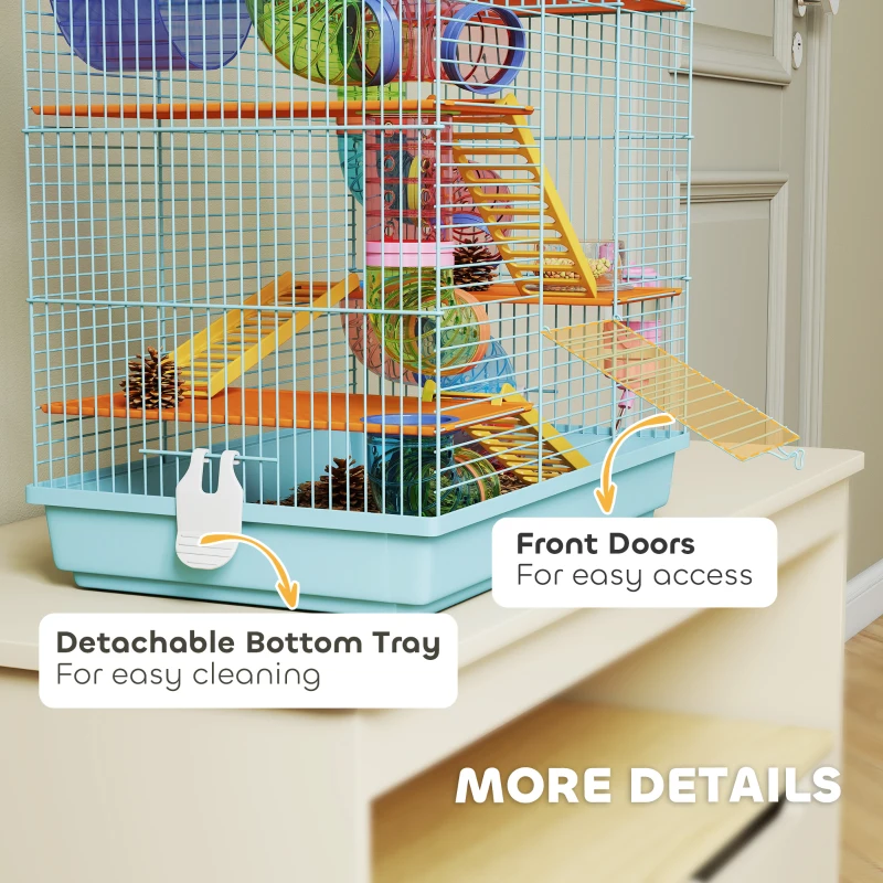 PawHut 18.5" Hamster Cage, 5 Tiers Small Animal House with Tunnel Tube System, Exercise Wheel, Water Bottle, Light Blue