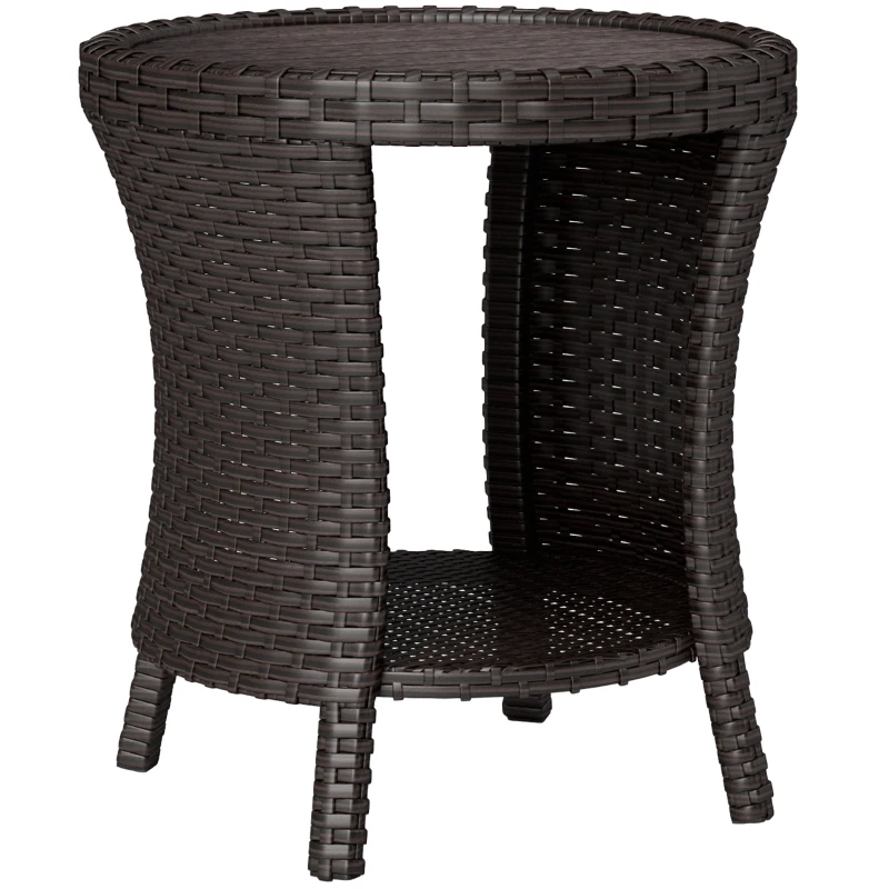 Outsunny 18" Wicker Outdoor Coffee Table, PE Rattan Patio Side Table with 2-Tier Storage, Composite Wood Top, Brown