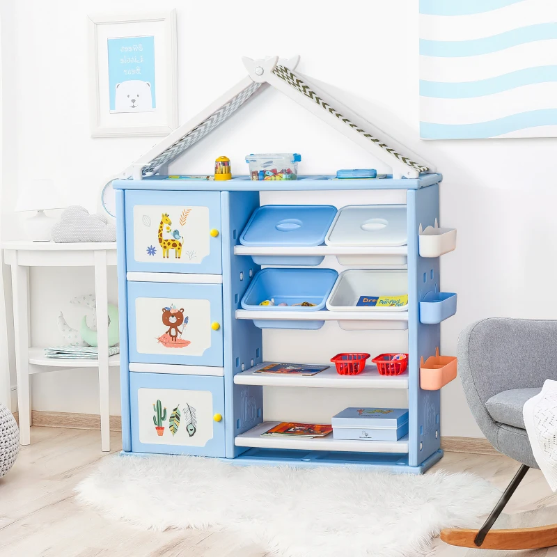 Qaba Kids Toy Storage Organizer with 4 Bins, Storage Cabinets, Bookshelf and 4-Layers Toy Collection Shelves, Blue