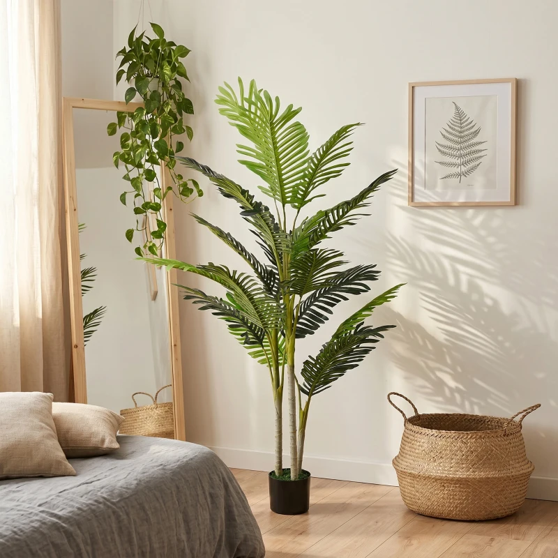 Outsunny 5FT Artificial Palm Tree, Fake Tropical Tree with Lifelike Leaves, Faux Plant in Pot for Indoor Decoration, Green