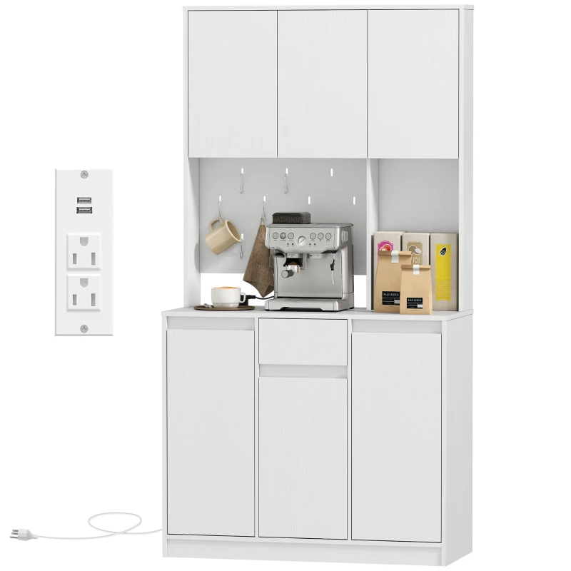 HOMCOM 71" Pantry Cabinet with Charging Station, Kitchen Storage Cabinet with Microwave Stand, Pegboard, 6 S-hooks, White