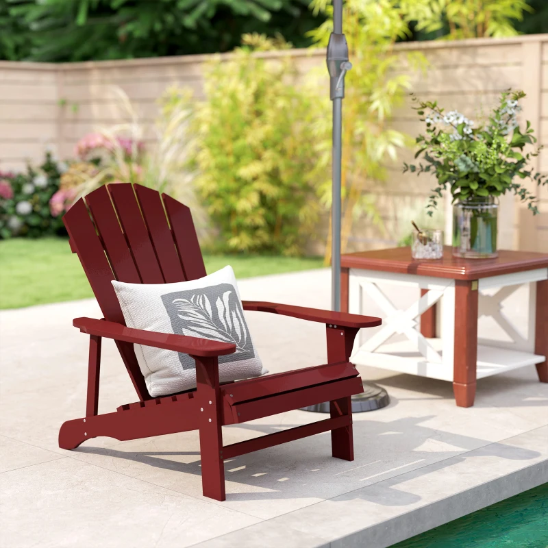 Outsunny Wood Adirondack Chair, Outdoor Patio Muskoka Chair with Slatted Design for Deck, Garden, Backyard, Fire Pit, Red