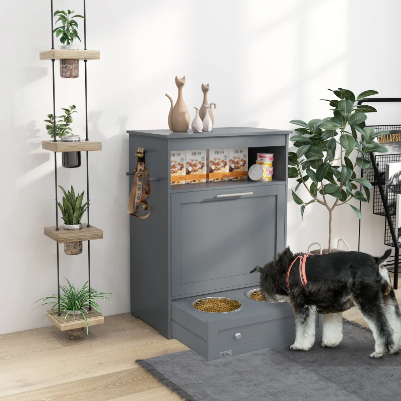 PawHut Pet Feeder Station Storage Cabinet, Dog Food Storage Container with Dog Raised Bowls, Watering Supplies, Gray